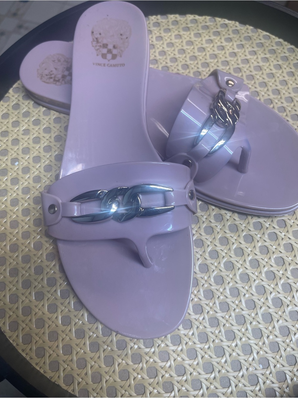 Vince Camuto Lilac Slide Sandals with Gold Chain Accent